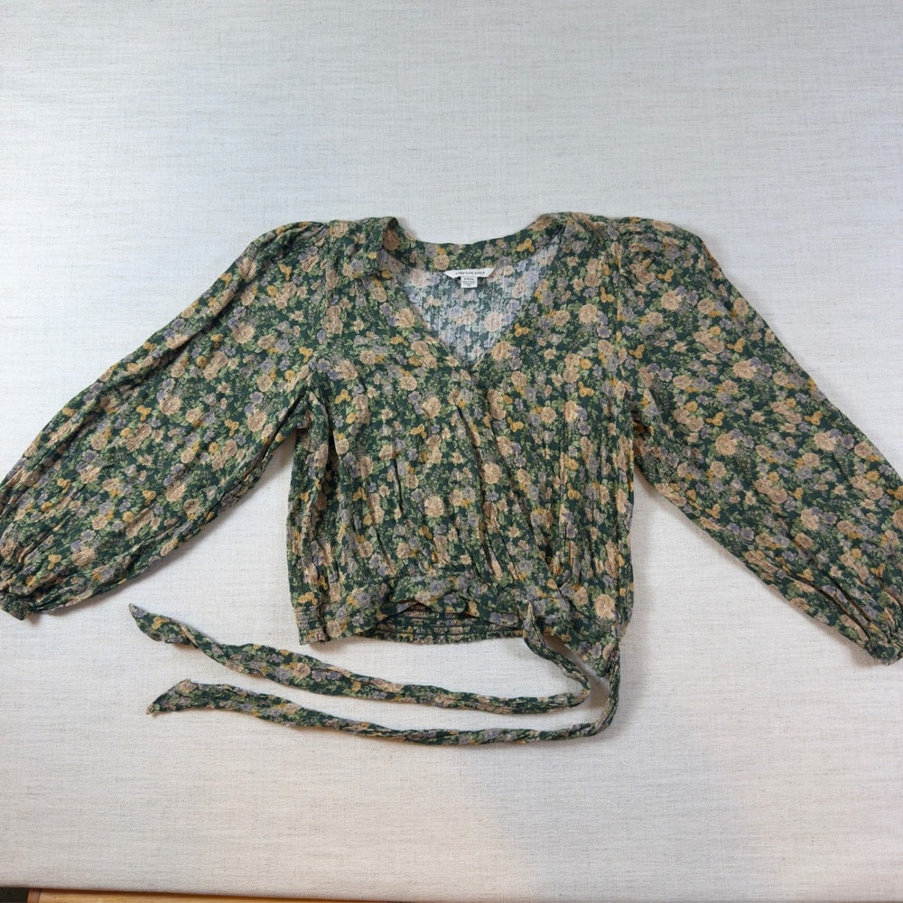 American Eagle Green Floral Wrap Top Balloon Sleeve V-Neck Small Boho Cropped